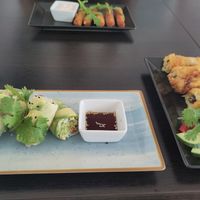 The avocado rolls and spring rolls, on the other side of the table are the cheese sticks. at Loving Hut - Maria Kuhn Gasse in Vienna