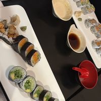 The sushi in front is vegan - on the left is veggie tempura (sweet potato & asparagus) & then veggie roll (cucumber, avocado & asparagus) 😋  at Sushi Ya in Joliet
