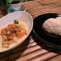 Yellow Tofu Vegetable Curry with heart-shaped rice :) at Patty's Secret Garden in Koh Lanta
