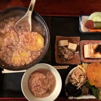 Vegan set meal with rice gruel and sweet potatoes at Sawa in Osaka
