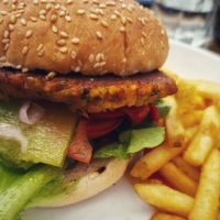 Falafel burger + fries - 24 NZD at Denniston Dog Cafe & Bar in Westport