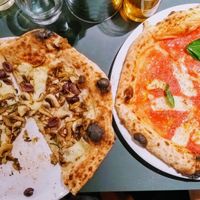 Pizza funghi (top) and marinara, both with vegan cheese at Happy Face Pizza in North London