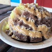 Cacao, Coconut golden milk, vegan peanut butter caramel, vegan choc ice cream  at Kula Shave Ice in Hilo