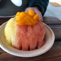 Mango, Guava flavor, with papaya, filled with vegan chocolate ice cream,  at Kula Shave Ice in Hilo