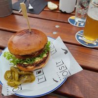 Vegan burger (brioche bun, patty, sauce, cheese = all vegan) at Brouwerij Troost - Westergas in Amsterdam