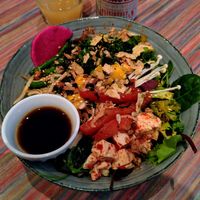 Vegan version of the dragon bowl: with marinated tofu & kimchi instead of poached eggs & kimchi pancakes at Yummy Bowl in Brussels