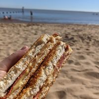 Vegan cheese and bacon toastie on the beach at Suzie's Cup of Joy in Cleethorpes