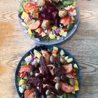 Beetroot and falafel salad. Houmous, sundried tomato and olive salad. at Suzie's Cup of Joy in Cleethorpes
