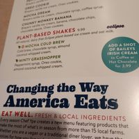 Menu description of mission/values + plant based shakes at Silver Diner in Elkridge