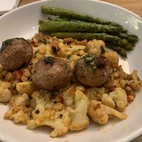 Beyond meat Meatballs with cauliflower and asparagus.  at Silver Diner in Elkridge