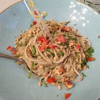 'The Godfather' pasta: spaghetti with roasted nuts, fresh herbs, white wine, sun-dried tomatoes, eggplant and soy cream. at Epiphany's Kitchen in Ghent