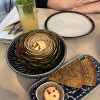 Flower Power (Artichoke - Basil Ricotta) & Yuca (yuca bread - rosemary)  at Epiphany's Kitchen in Ghent