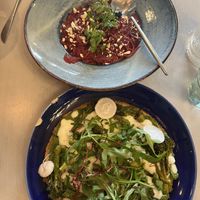 The Pink Panther: Brown rice spaghetti - Beetroot cream - Cashew - Caviar & Green Envy: Green asparagus - Broccolini - Radish - Garlic  at Epiphany's Kitchen in Ghent
