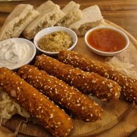 Crispy sausages at Hummus Bar in Haifa