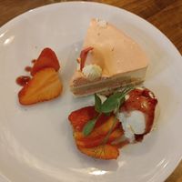 Cashio "Cheese" and strawberry cake at Hummus Bar in Haifa