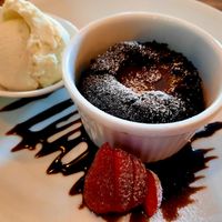 Chocolate souffle with vanilla ice cream at Hummus Bar in Haifa