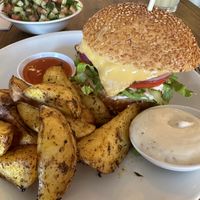 Beyond burger with cheddar cheese   at Hummus Bar in Haifa