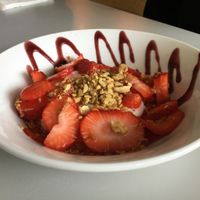 Vegan Makabi with strawberries  at Hummus Bar in Haifa