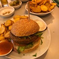 Delicious burger with the house patty  at Hummus Bar in Haifa