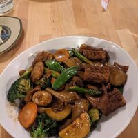 Vegetable stir fry with chow fun noodles, tofu, and hunan sauce. at GingeRootz Asian Grille in Appleton