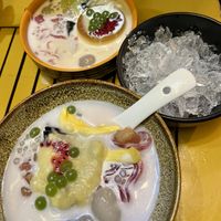 Durian lovers bowl w/ coconut milk at front (vegan) & Carmel brown at back  (vegetarian)  at Little Bowl in Hanoi