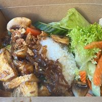 Great Vegan rice box (tofu and mushroom)  at Banh Mi Bay in London