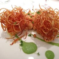 Battered tofu and curly potatoes at The White Peacock in Leicester