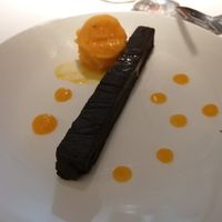 Chocolate brownie and mango sorbet at The White Peacock in Leicester