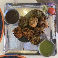 Vegetable pakoras with two types of sauce  at Mango in Gstaad