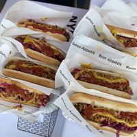 Veggie hotdogs with fried onions and red cabbage. at IKEA in Lyssach