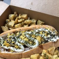 Chilli dog with garlic mayo and potato things that I can’t remember the name of from a different angle  at BA-HA in Birmingham