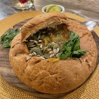 Looks way better than it tastes soup in chewy bread  at The Vegan Lab in Dahab