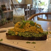 Tofu scramble and caramel coconut matcha   at The Vegan Lab in Dahab