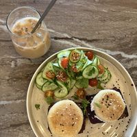 Breakfast sandwich and French vanilla lattee  at The Vegan Lab in Dahab
