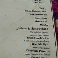 Drinks Menu at Travel Yoga Cafe in New Delhi