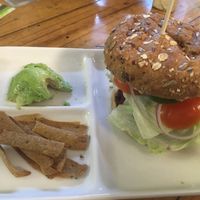 Beet burger with multigrain bun. Finest bun I ever ate   at Travel Yoga Cafe in New Delhi