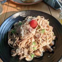 Coconut mushroom pasta at Travel Yoga Cafe in New Delhi