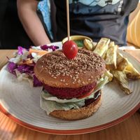 Beetroot burger at Travel Yoga Cafe in New Delhi