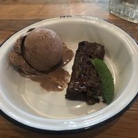 Vegan caramel brownie with vegan ice cream, so so tasty but a tad small  at Turtle Bay in Nottingham