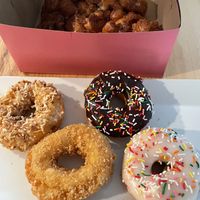Apple fritter and 4 vegan donuts  at Dank Donuts in Big Bear Lake