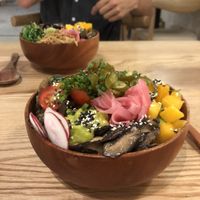 Mushroom, mango, ginger, radish, tomato, guacamole, jalapeños, seaweed, edamame, sushi rice and soy sauce.  at Poke Hanoi in Hanoi