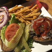 Veggie burger with sautéed mushrooms and onions at The Yucatan Beach Stand in Fort Myers Beach