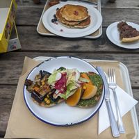 Bagel du jour with kale pesto and roasted veggies (pecan pie isn't vegan) at Bob's Bake Shop in Paris