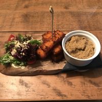 Red pepper and chilli polenta pieces with aubergine dip (starter) at The Rose & Crown Bistro in Northampton