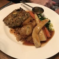 Chickpea roast with lyonnaise potatoes and gravy,  we asked for extra seasonal veg (fully vegan) at The Rose & Crown Bistro in Northampton