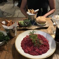 Beetroot & apple risotto, vegan falafel burger and chips and sweet potato fries  at The Rose & Crown Bistro in Northampton