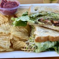Tempeh BLT Sandwich and Potato Chips with Beet Humus  at Raised by the Waves  in Kahuku