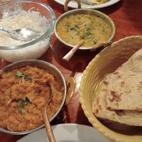 Baigan bharta (eggplant, tomato) and dal palak (lentil, spinach) at The Copper Pot in Westport