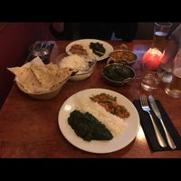 Mushroom spinach “paneer” and veg jalfrezi w/ naan and rice at The Copper Pot in Westport