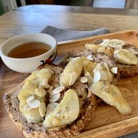 French toast with syrup and caramelized banana   at Gecko Republic Jungle Cafe in Koh Tao
